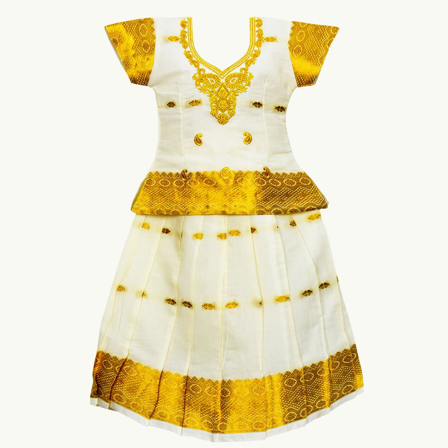Amirtha Fashion Girls Readymade Kerala Lehenga Choli Pattu Pavadai Latest Pattu Langa (White Gold)