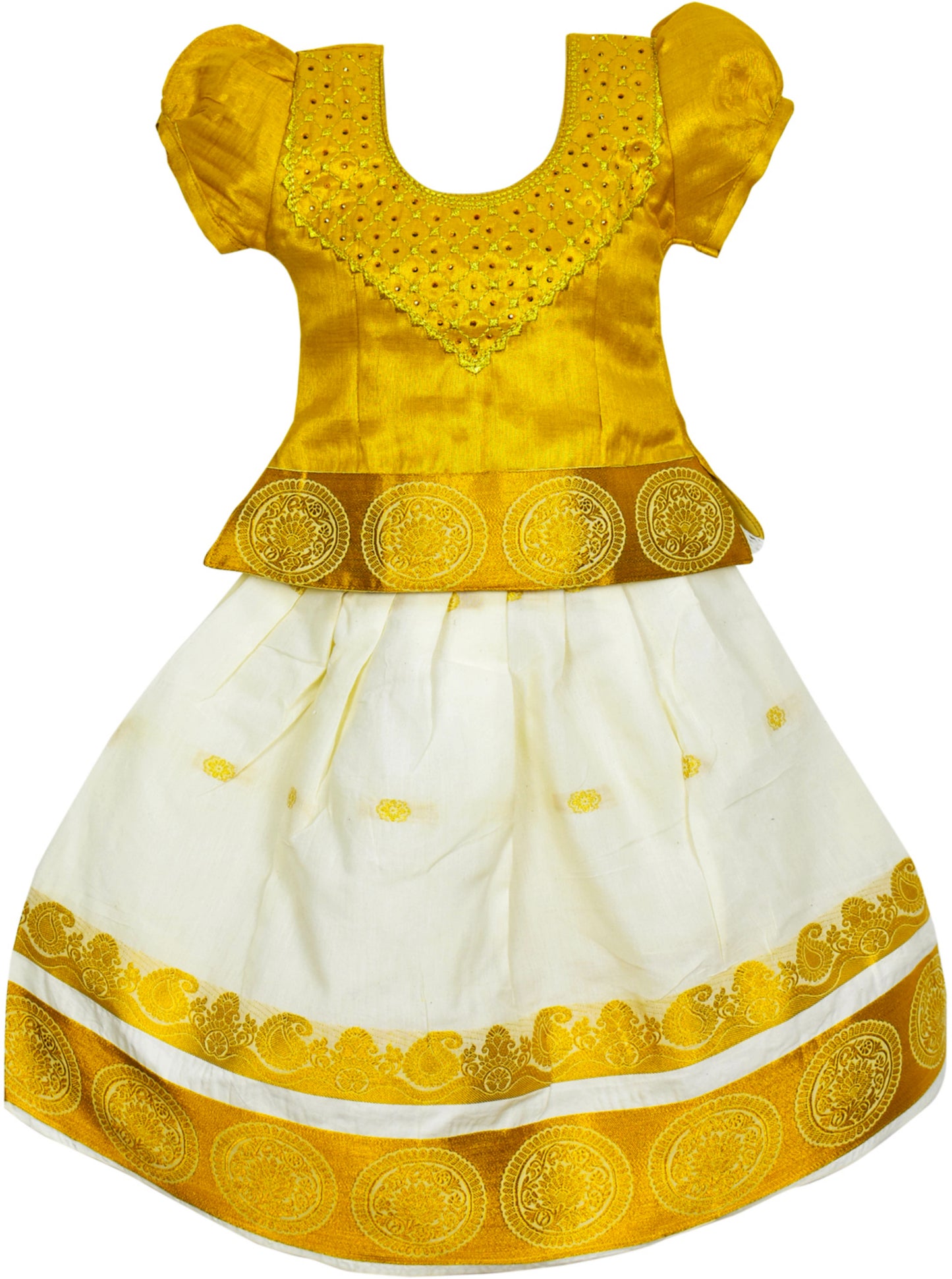 AMIRTHA FASHION New Pattu Pavadai Pattu Langa Readymade Lehenga Choli (Kerala White)-TissueKEG