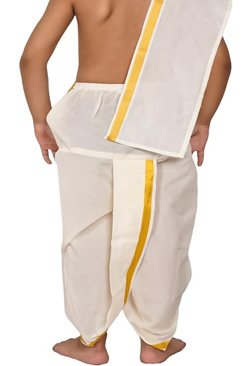 Cotton Kasavu PANCHE Veshti Mundu Dhoti for Boys, Offwhite with Golden Border-PanchaDhoti