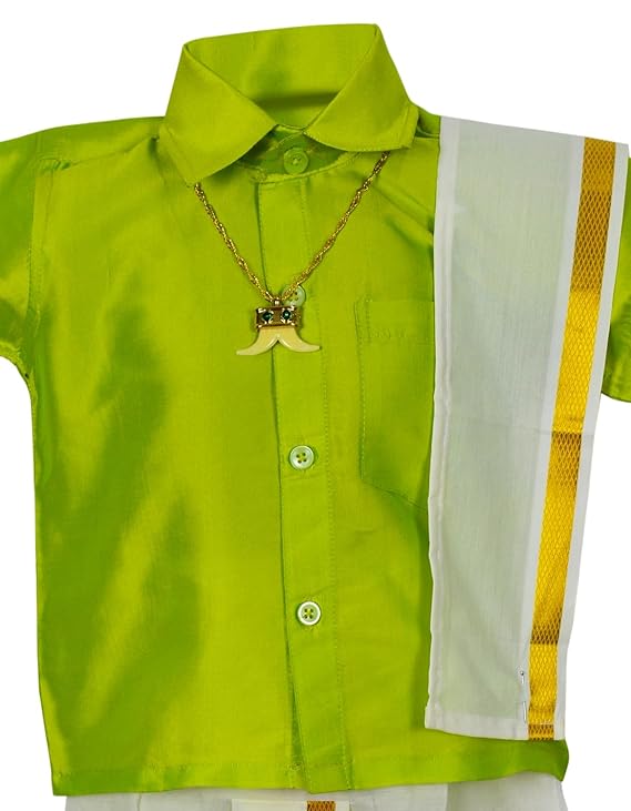 Kids Traditional Pancha Dhoti & Green Shirt Set - Buy Now