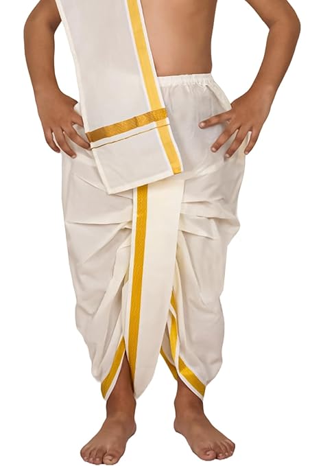 Cotton Kasavu PANCHE Veshti Mundu Dhoti for Boys, Offwhite with Golden Border-PanchaDhoti