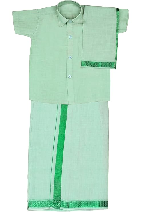 AMIRTHA FASHION Boys TISSUE JARI Shirt Dhoti Set TRENDING-CMShadeGreen