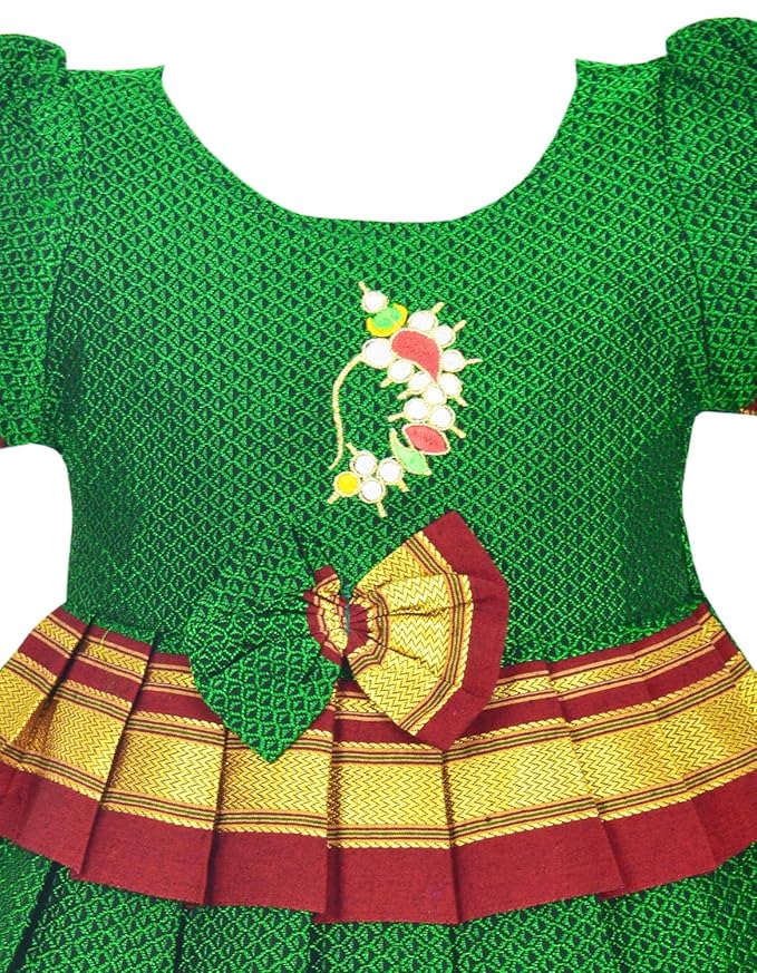 AMIRTHA FASHION Pattu Cotton Frock-KhanF1Green