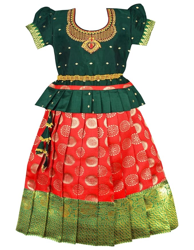 AMIRTHA FASHION Pattu Pavadai Lehenga Choli-AditiPbGreen