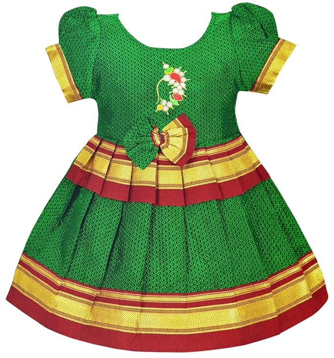 AMIRTHA FASHION Pattu Cotton Frock-KhanF1Green