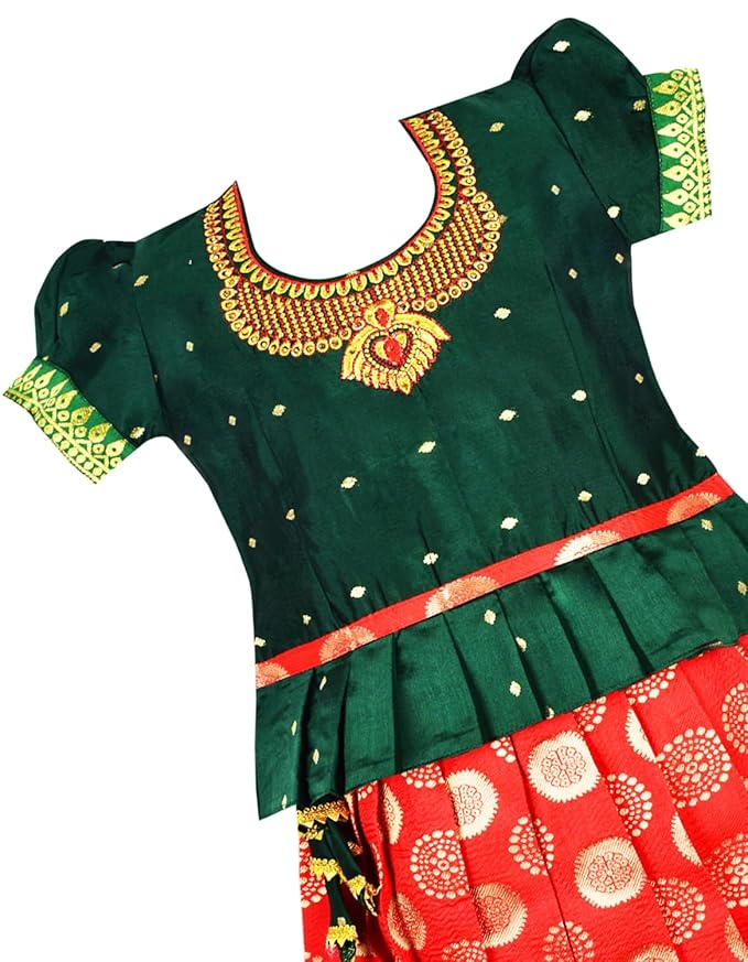 AMIRTHA FASHION Pattu Pavadai Lehenga Choli-AditiPbGreen