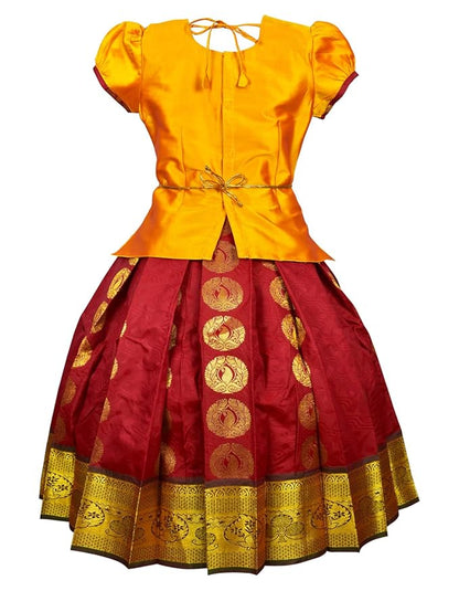 AMIRTHA FASHION Pattu Pavadai Lehenga Choli-MalarGold